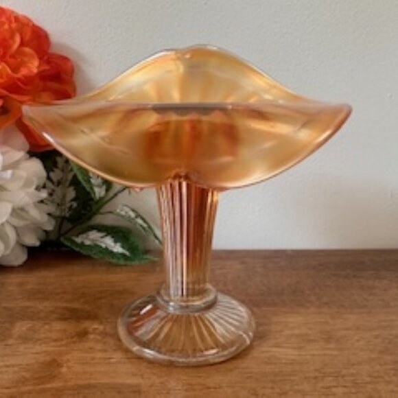 Marigold Carnival Glass Jack-in-the-Pulpit Vase Iridescent Vintage Flared Art Gl - Picture 4 of 6